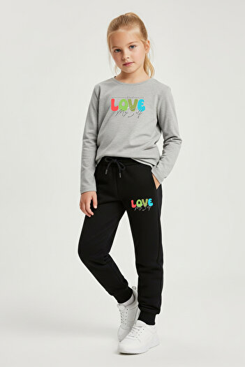 YA KO KİDS Zero Yaka Love My Self Printed Girl's Top-Bottom Set