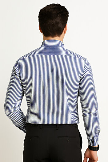 giyimex Stylish Slim Fit Striped Men's Shirt - White/Navy Blue