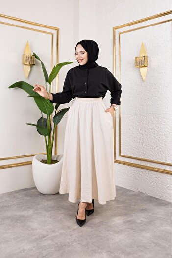 exxitcollection Kadın Tesettür Beli Lastikli Şık Modern Çilek Cepli Etek