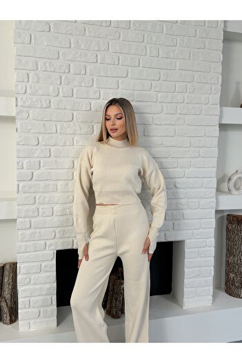 LE CARAMBOLE Women's Cream Half-High Neck Knitwear Top and Bottom Set