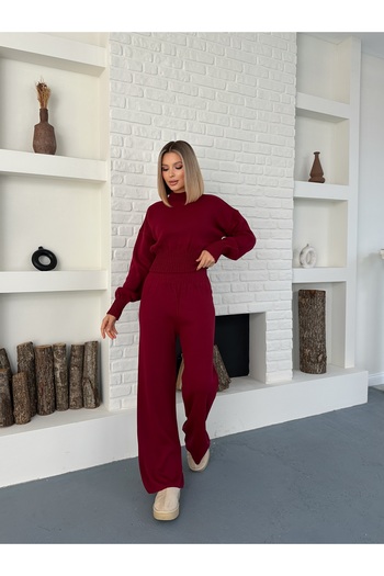 LE CARAMBOLE Women's Burgundy Half Fisherman Drawstring Detailed Top and Bottom Set