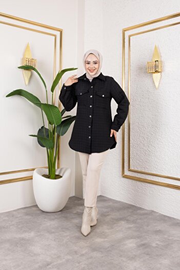 Hb Harma Time Butik Women's Pocket Detailed Quilted Fabric Snap Button Black Tunic