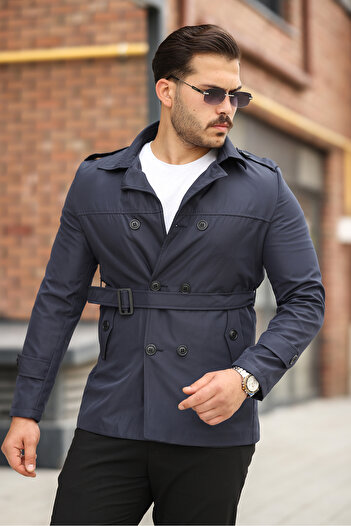 Mero Life Men's Navy Blue Seasonal Lined Belted Double-Breasted Trench Coat