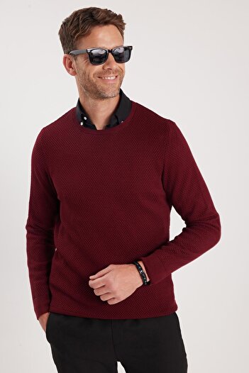 Tudors Men's Standard Fit Regular Cut Crew Neck Honeycomb Patterned Dark Burgundy Knitwear Sweater