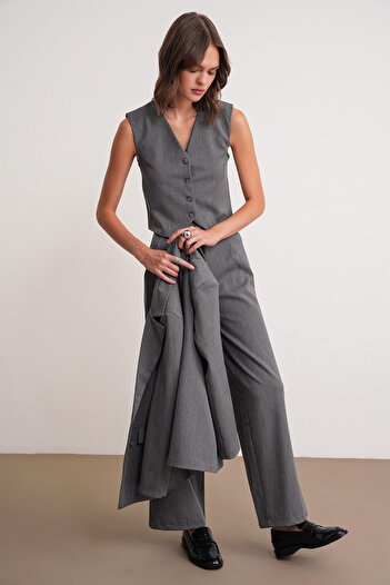 Mixray 4743 Women's V-Neck Buttoned Bodycon Vest Anthracite