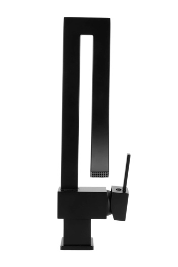 BisDesign Baterie chiuvetă baie/bucătărie, finisaj negru mat, model elegant cu cascadă, dimensiune 35 cm