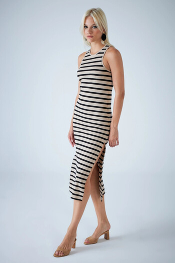 Cool & Sexy Women's Stone Sleeveless Slit Striped Midi Dress Ayd418
