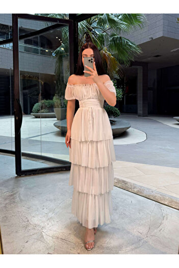 missswans Milanka Skirt Layered Front Corset Look Balloon Low Sleeve Long Chiffon Lined Dress White