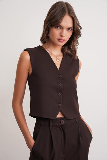 Mixray 4743 Women's V-Neck Buttoned Bodycon Vest Brown