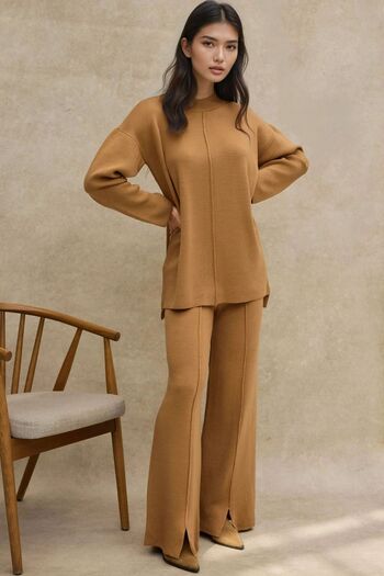 Hiccup Long Stand Collar Knitwear Sweater & Elastic Waist Trousers Modest Two-Piece Set