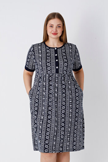 İntensive Navy Blue Short Sleeve Buttoned Patterned Women's Plus Size Dress with Pockets