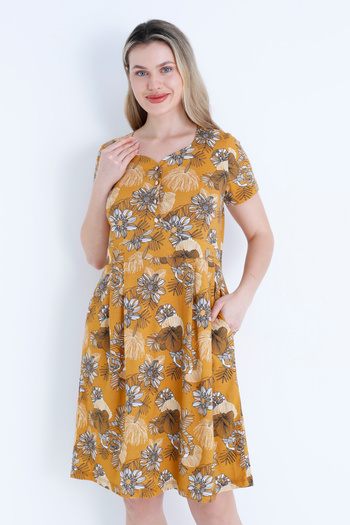 İntensive Women's Buttoned Patterned Pocketed Short Sleeve Cotton Dress