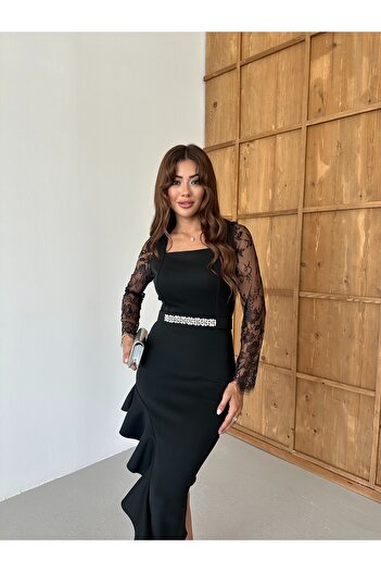 1Moda1Tarz Special Design Lined Midi Dress with Imported Fabric, Stone Belt and Lace Embroidered Scarf Detail
