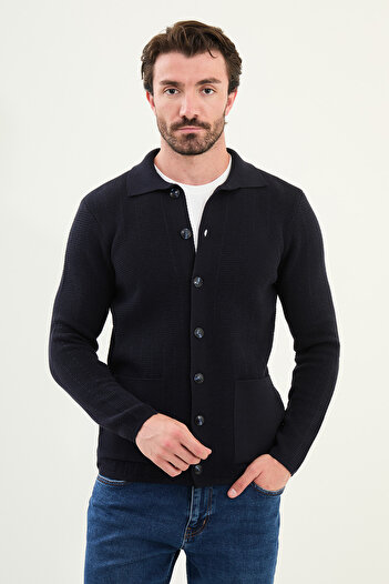 Mcr Patterned Slim Fit Pocket Shirt Collar Men's Knitwear Jacket Navy Blue - 11241.25K