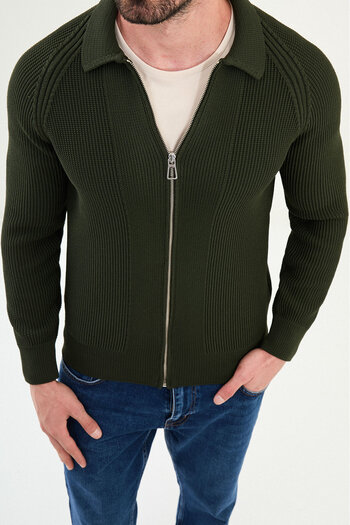 Mcr Patterned Slim Fit Zippered Shirt Collar Cotton Men's Knitwear Jacket Khaki - 11243.25K
