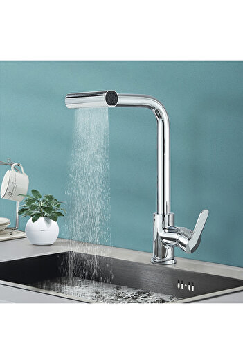 BisDesign Baterie chiuvetă bucătărie, duș extractibil cu efect de ploaie, 4 funcții de debit, finisaj cromat lucios, dimensiune 35 cm