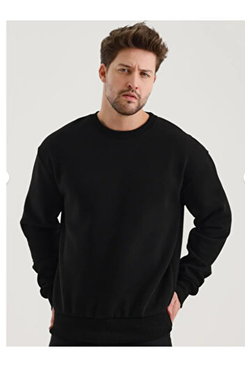 Boi Unisex 2-Ply Cotton Thick Winter Black Fleece Inside Combed Cotton Fabric Basic Oversize Sweatshirt Crew Neck