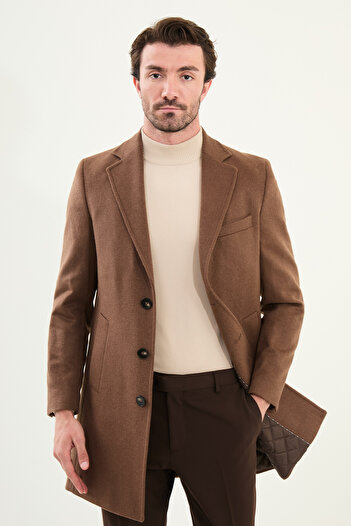 Mcr Straight Slim Fit Mono Collar Classic Wool Men's Coat Camel - 21331.25K
