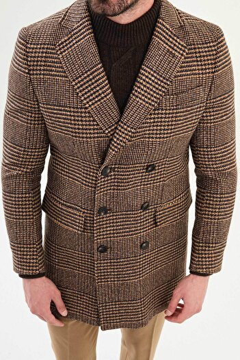 Mcr Plaid Slim Fit Wide Collar Double Breasted Wool Men's Coat Camel - 21328.25K