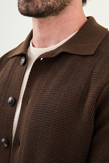 Mcr Patterned Slim Fit Pocket Shirt Collar Men's Knitwear Jacket Brown - 11241.25K