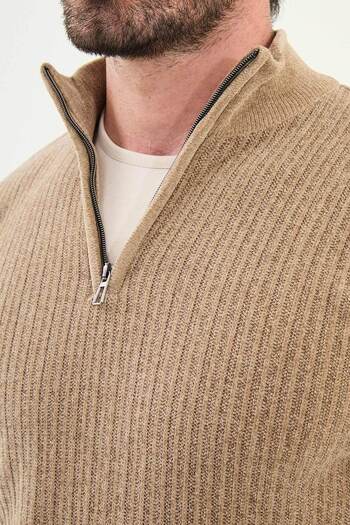 Mcr Striped Slim Fit Zippered Half Turtleneck Chenille Fabric Men's Knitwear Sweater Beige - 11549.25K