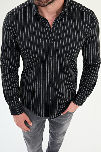Mcr Cămașă pentru bărbați din lână, slim fit, cu dungi, neagră - 27091.25K