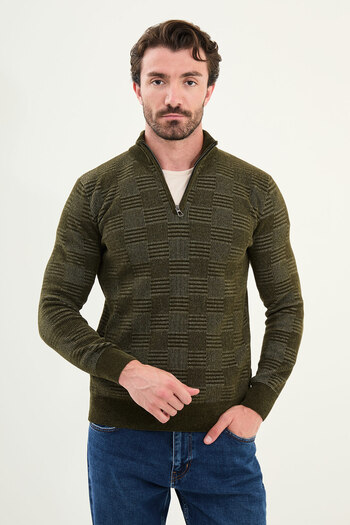 Mcr Patterned Slim Fit Zippered Half Turtleneck Chenille Fabric Men's Knitwear Sweater Khaki - 11553.25K