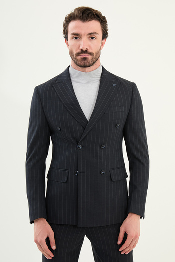 Mcr Striped Slim Fit Wide Collar Double Breasted Men's Suit Navy Blue - 45409.25K