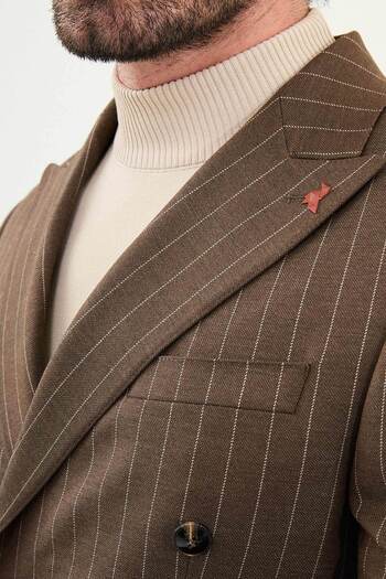 Mcr Striped Slim Fit Wide Collar Double Breasted Men's Suit Coffee - 45409.25K