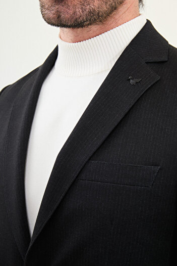 Mcr Striped Slim Fit Bag Pocket Mono Collar Drawstring Men's Suit Black - 45405.25K