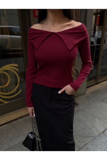 By Mop Butterfly Collar Long Sleeve Blouse Burgundy