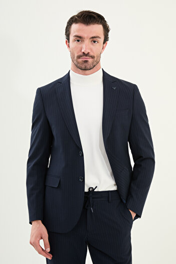 Mcr Striped Slim Fit Mono Collar Drawstring Wool Men's Suit Navy Blue - 45415.25K