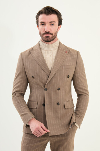 Mcr Striped Slim Fit Wide Collar Double Breasted Men's Suit Beige - 45409.25K