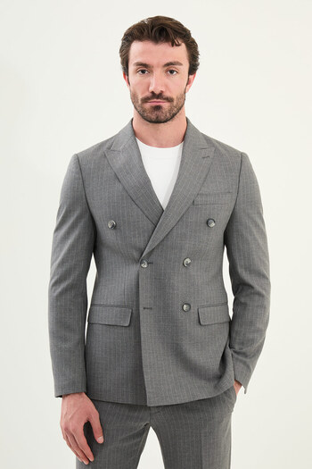 Mcr Striped Slim Fit Wide Collar Double Breasted Wool Men's Suit Anthracite - 45416.25K