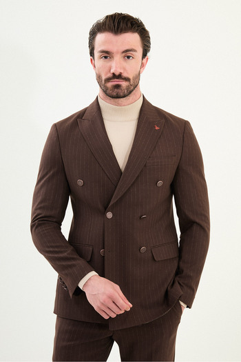 Mcr Striped Slim Fit Wide Collar Double Breasted Metal Button Men's Suit Coffee - 45408.25K