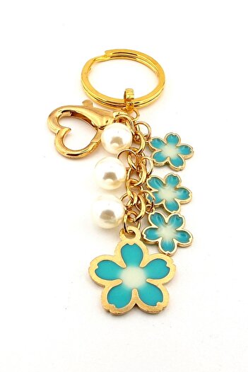 Solfera Blue Flowers Spring Bag Ornament Charm Yellow Metal Keychain Ky030