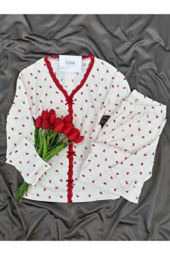 Lena Homewears Red Bow Patterned Ecru Berlin Pajama Set