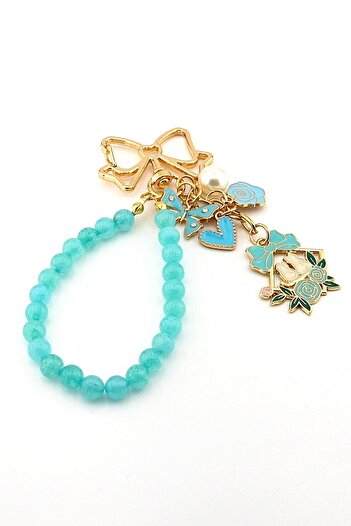 Solfera White Cats Butterfly Rose Blue Natural Stone Charm Keychain Bag Ornament Ky004