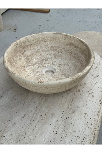 Polen Stone Traverten Doğal Taş Sanat Model Lavabo – 42 cm Çap / 13 cm Yükseklik