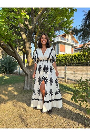 Elif Özbey Butik Ecru Patterned Dress with Elastic Waist