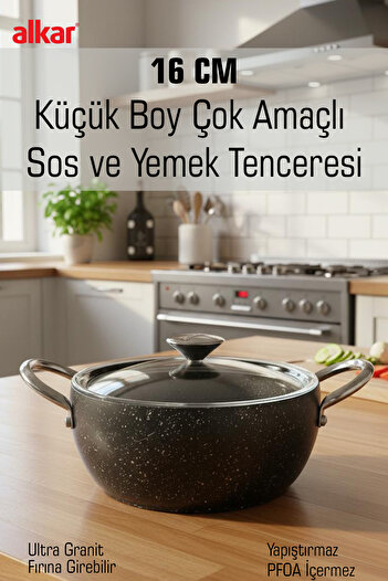FİTHOME 16 cm Multi-Purpose Deep Sauce and Cooking Pot Granite Fireproof Non-Stick