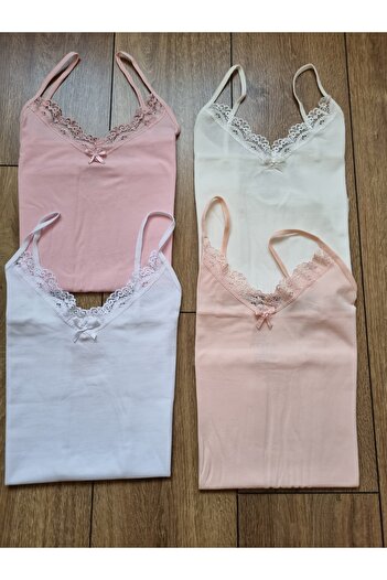 Demirsa Boutique Pamuklu Dantelli İp Askılı Pembe, Ekru, Açık Somon, Beyaz Renk 4'lü Kadın Atlet