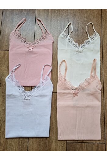 Demirsa Boutique Pamuklu Dantelli İp Askılı Pembe, Ekru, Açık Somon, Beyaz Renk 4'lü Kadın Atlet