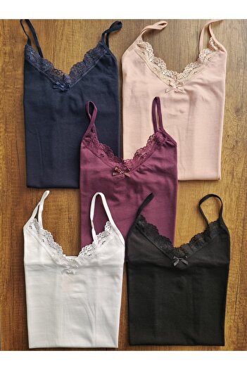 Demirsa Boutique Women's 5-Pack Lace Cotton Tank Top with Rope Straps Navy Blue, Purple, Powder, Black, White