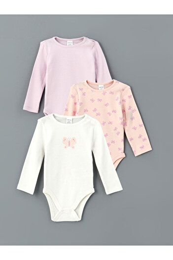 LC Waikiki Ecru Printed Baby Girl Snap Button Bodysuit, Pack of 3