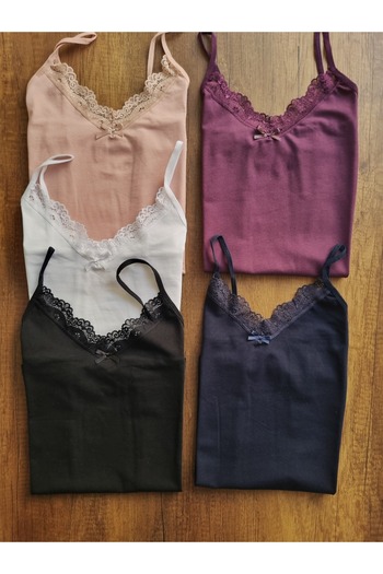 Demirsa Boutique Women's 5-Pack Lace Cotton Tank Top with Rope Straps Navy Blue, Purple, Powder, Black, White