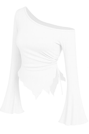 meren like your style White Long Sleeve Asymmetrical Neckline Draped Side Tie-Up Spring Fall Blouse Top