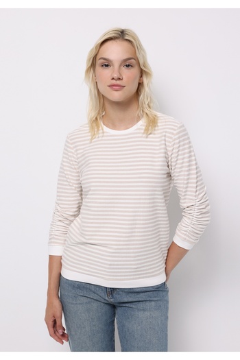 Colin's Regular Fit Round Neck Striped Women's Beige ¾ Sleeve T-Shirt