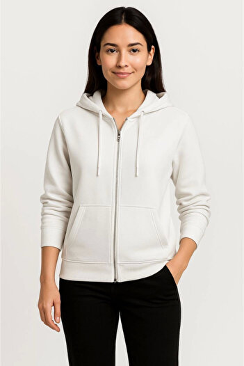 Vogueway Three Thread Hooded Full Zipper Kangaroo Pocket Sweatshirt Hoodie - White