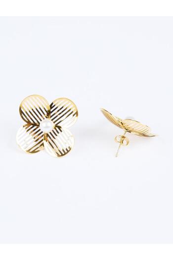 Jimmy Key Gold Color Ball Pearl Detailed Flower Figured Earrings